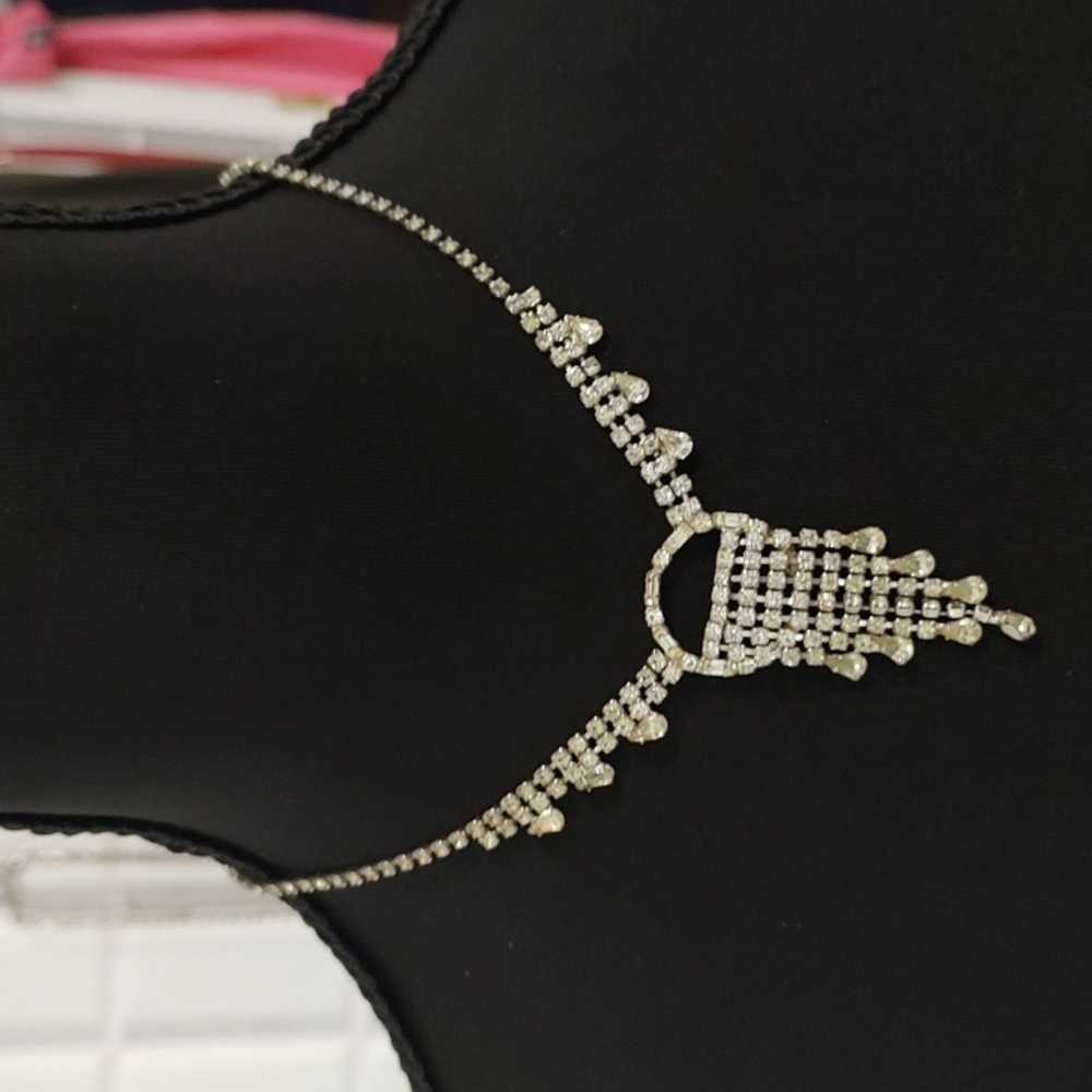 Elegant Art Deco Style Rhinestone Silver Choker Necklace 15" Vintage